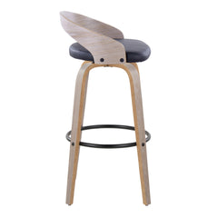 Grotto 30" Contemporary Fixed-Height Barstool with Swivel in Light Grey Wood and Black Faux Leather with Round Black Metal Footrest by LumiSource - Set of 2