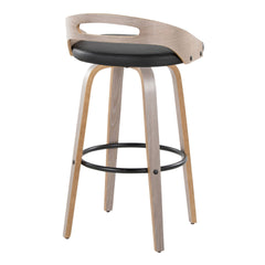 Cassis 30" Mid-Century Modern Fixed-Height Barstool with Swivel in Light Grey Wood and Black Faux Leather with Round Black Metal Footrest by LumiSource - Set of 2