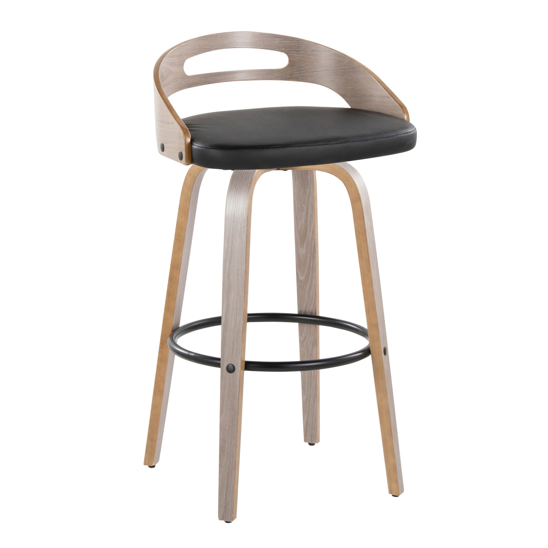 Cassis 30" Mid-Century Modern Fixed-Height Barstool with Swivel in Light Grey Wood and Black Faux Leather with Round Black Metal Footrest by LumiSource - Set of 2