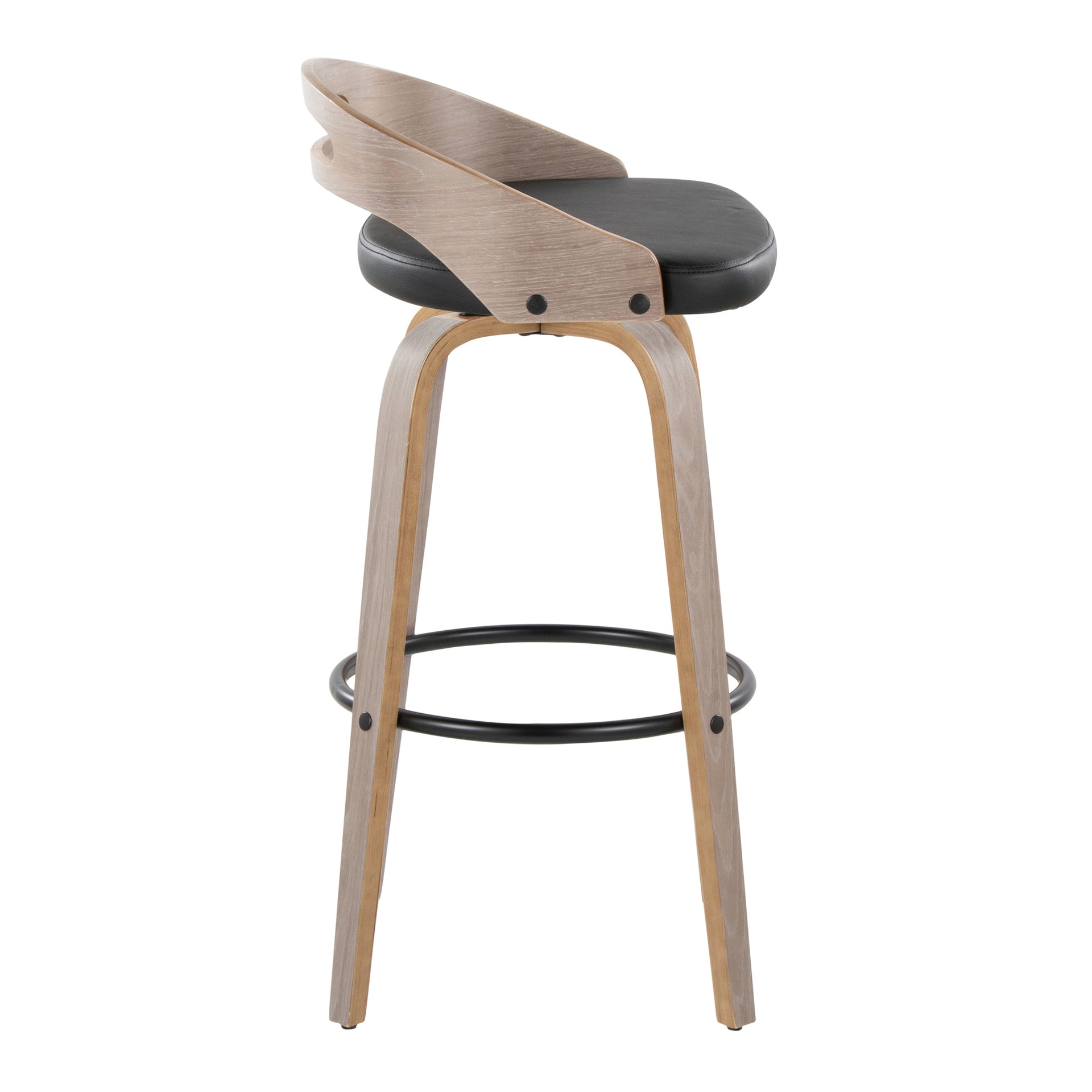 Cassis 30" Mid-Century Modern Fixed-Height Barstool with Swivel in Light Grey Wood and Black Faux Leather with Round Black Metal Footrest by LumiSource - Set of 2