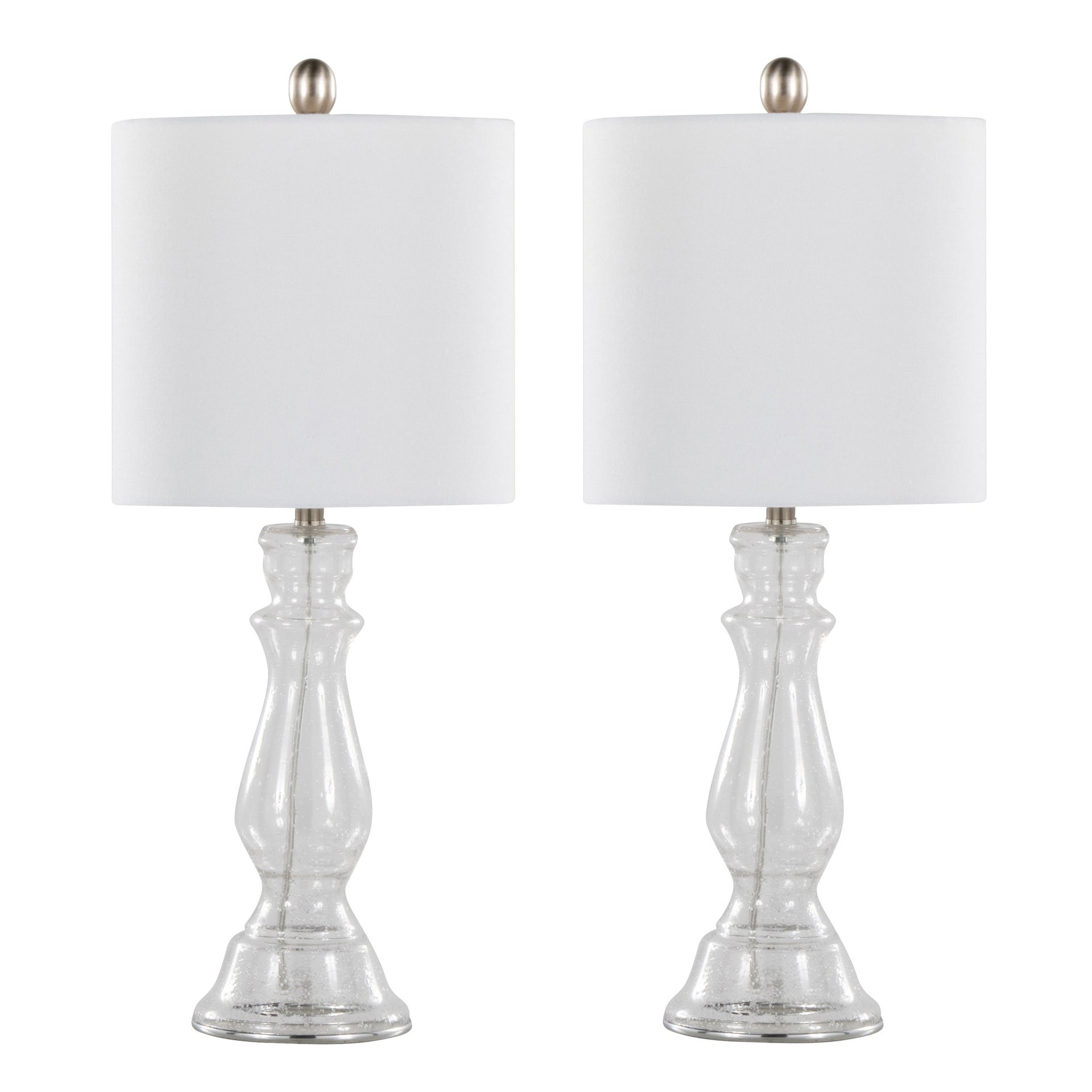 Bishop 24" Contemporary Glass Table Lamp in Clear Seeded Glass, Brushed Nickel and White Linen Shade from Grandview Gallery by LumiSource - Set of 2