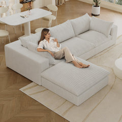 118.2" Cloud Sofa,Corduroy Fabric,Deep Seat Couches,Double-layer design,Removable Cushion,No Assembly, DIY Combination for Living room, Bedroom,Conference room ,Apartment,White