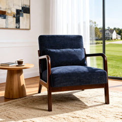 Mid Century Modern Armchair, Accent Chair with Solid Wood Frame and Detachable Lumbar Pillow for Living Room, Bedroom, Office(Antique Blue)