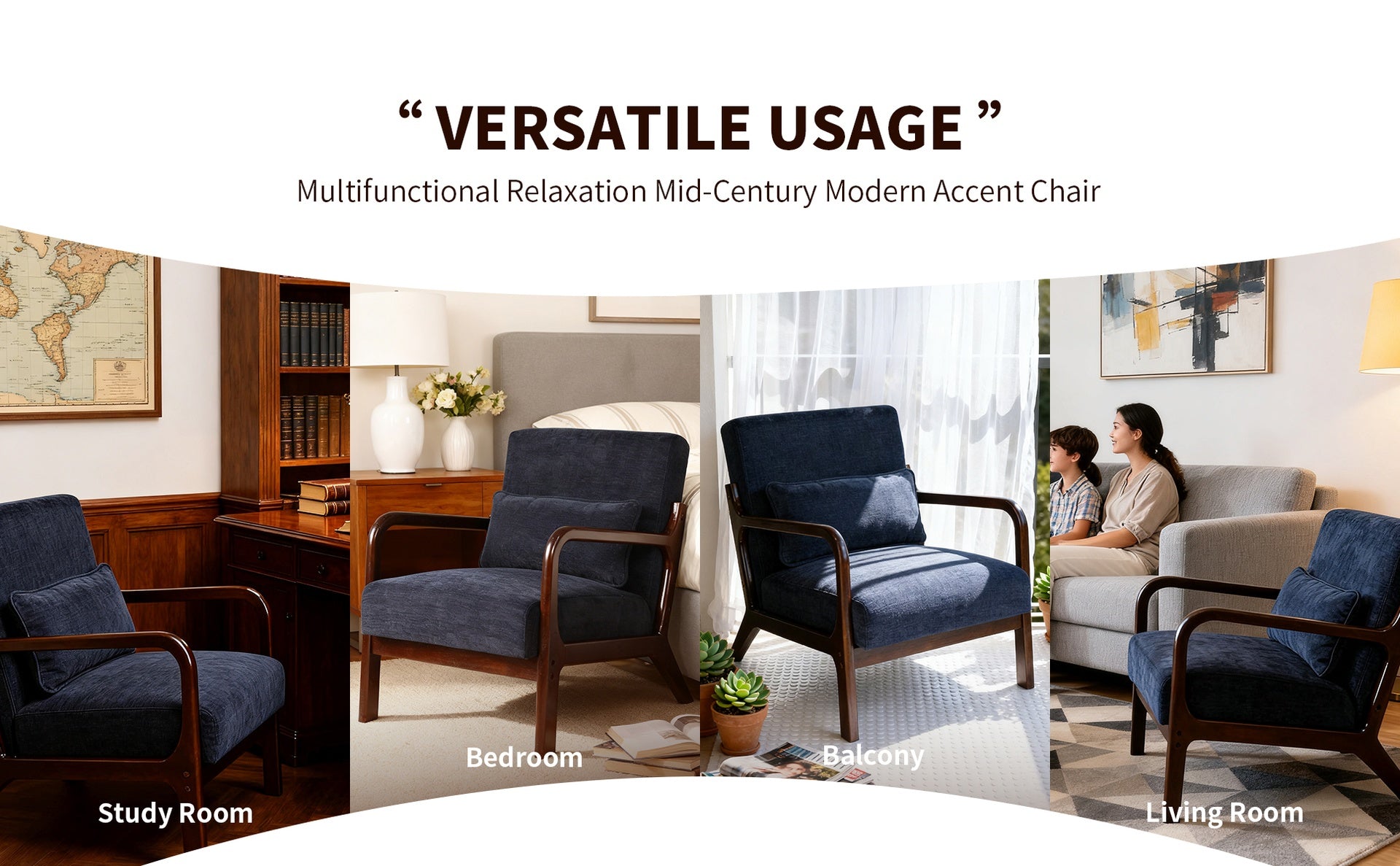 Mid Century Modern Armchair, Accent Chair with Solid Wood Frame and Detachable Lumbar Pillow for Living Room, Bedroom, Office(Antique Blue)