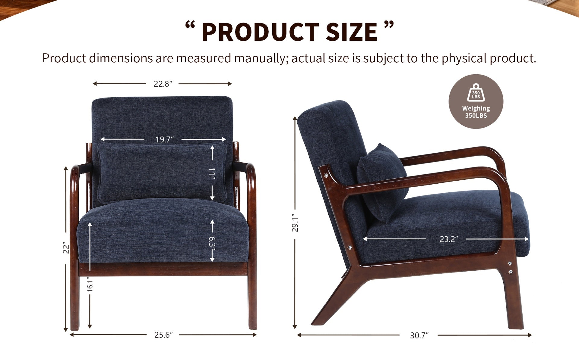 Mid Century Modern Armchair, Accent Chair with Solid Wood Frame and Detachable Lumbar Pillow for Living Room, Bedroom, Office(Antique Blue)