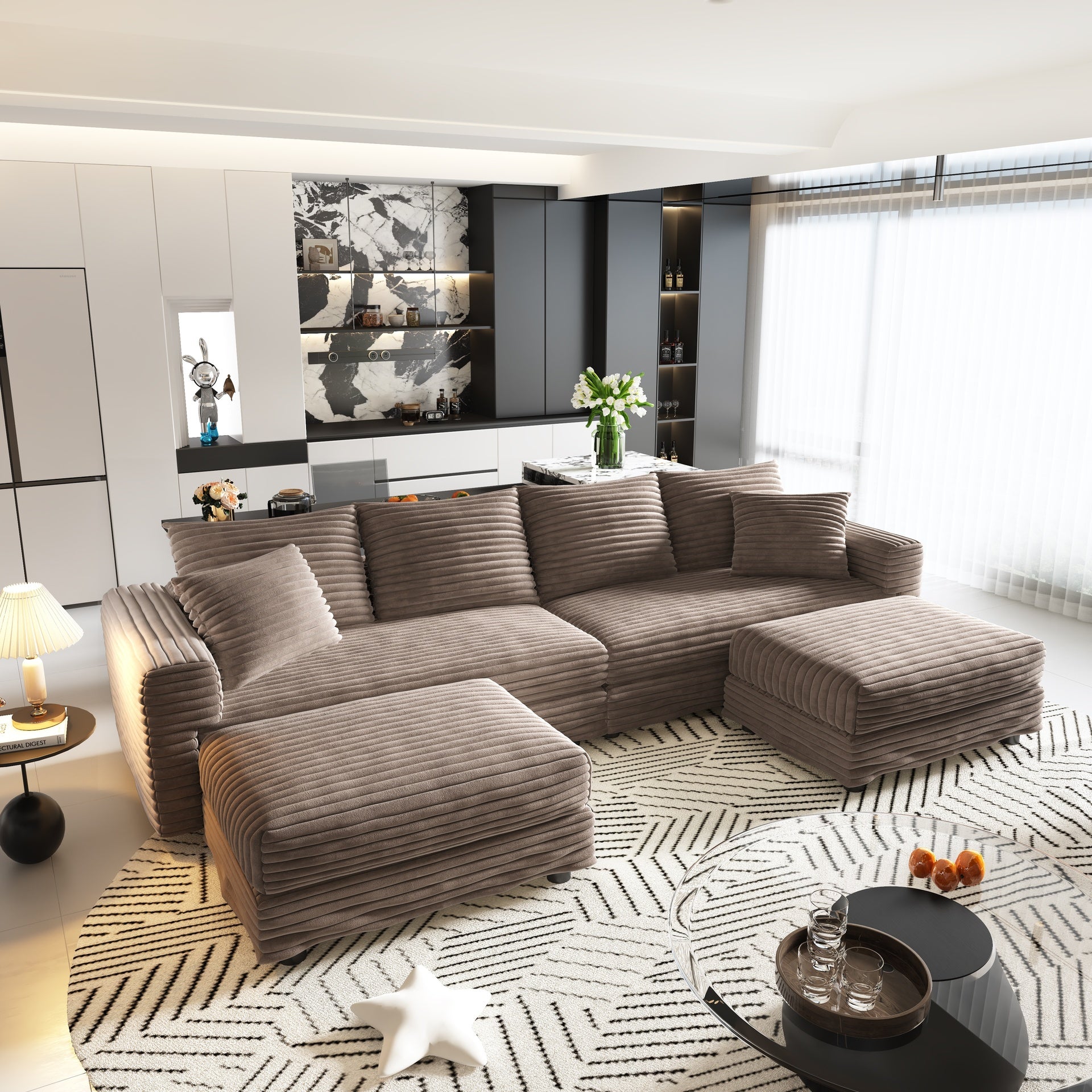 102.4 "Plush Corduroy 4-Seat Sofa,Modern Comfy Upholstered Sofa Cloud Couch,Deep Seat Couches with Soft Pillows and 2 Ottomans,Convertible Sofa Lounge Chair,Camel