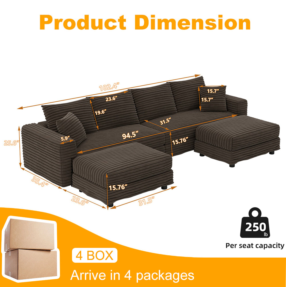 102.4 "Plush Corduroy 4-Seat Sofa,Modern Comfy Upholstered Sofa Cloud Couch,Deep Seat Couches with Soft Pillows and 2 Ottomans,Convertible Sofa Lounge Chair,Camel