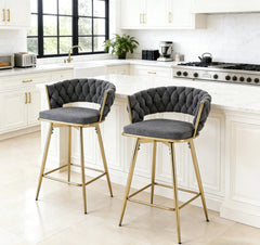 Two-piece rotating swivel chair, Dark gray cotton and linen soft seat, golden metal legs, rust-proof and wear-resistant, suitable for restaurant/bar high tables, lightweight single unit