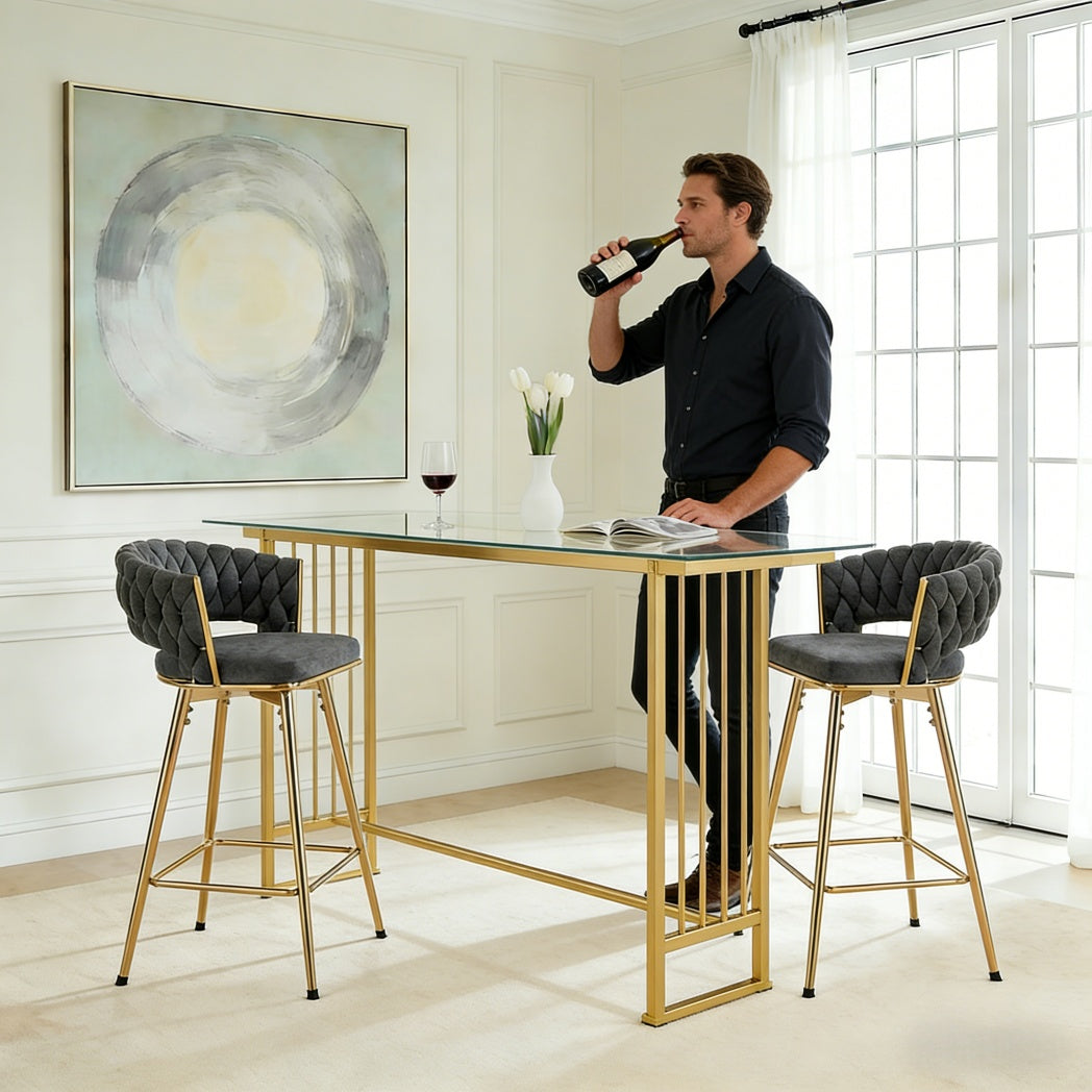 Two-piece rotating swivel chair, Dark gray cotton and linen soft seat, golden metal legs, rust-proof and wear-resistant, suitable for restaurant/bar high tables, lightweight single unit