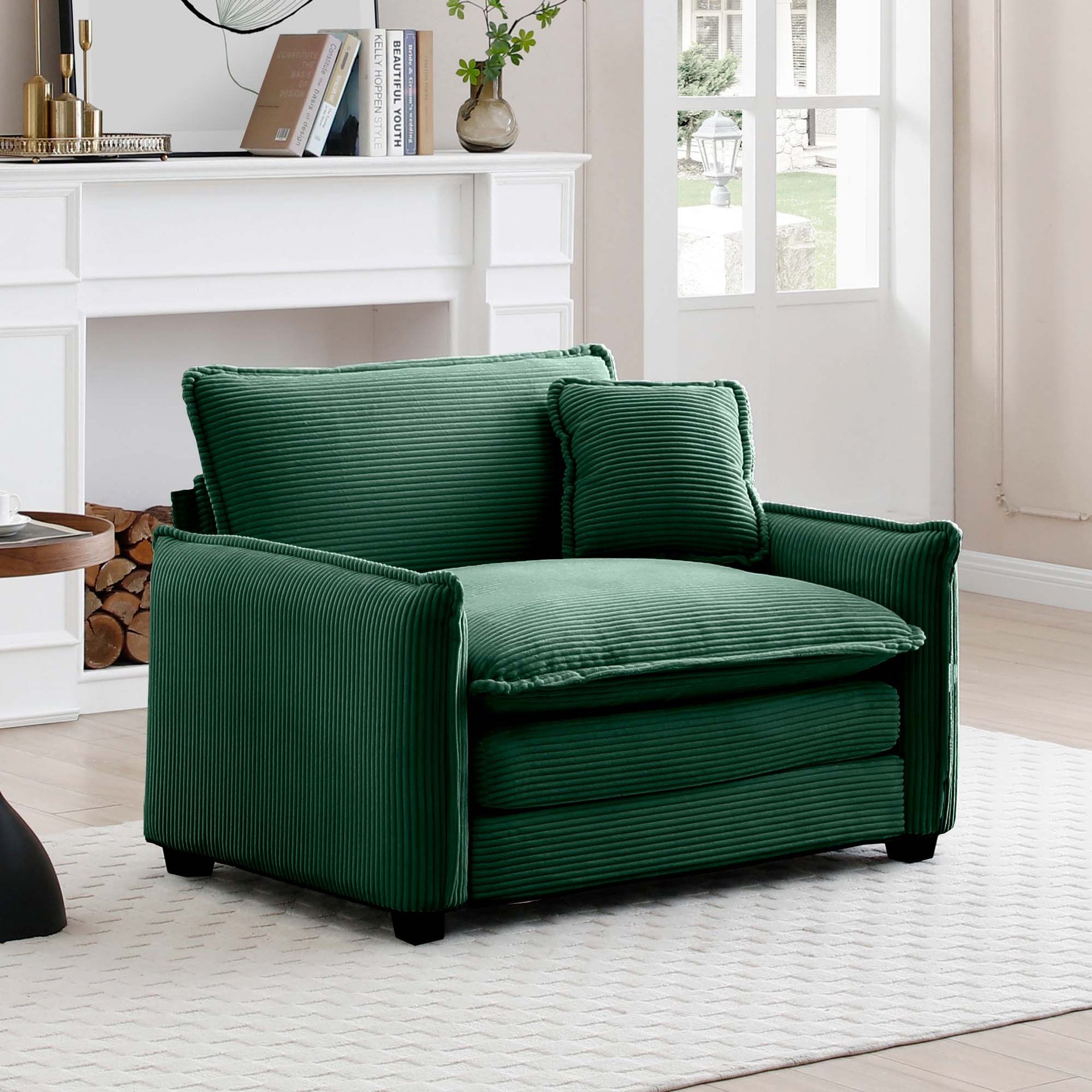 Comfortable Single Deep Seat Sofa With One Pillow, Suitable for Living Room and Bedroom, Club Multiple Occasions,Green Corduroy