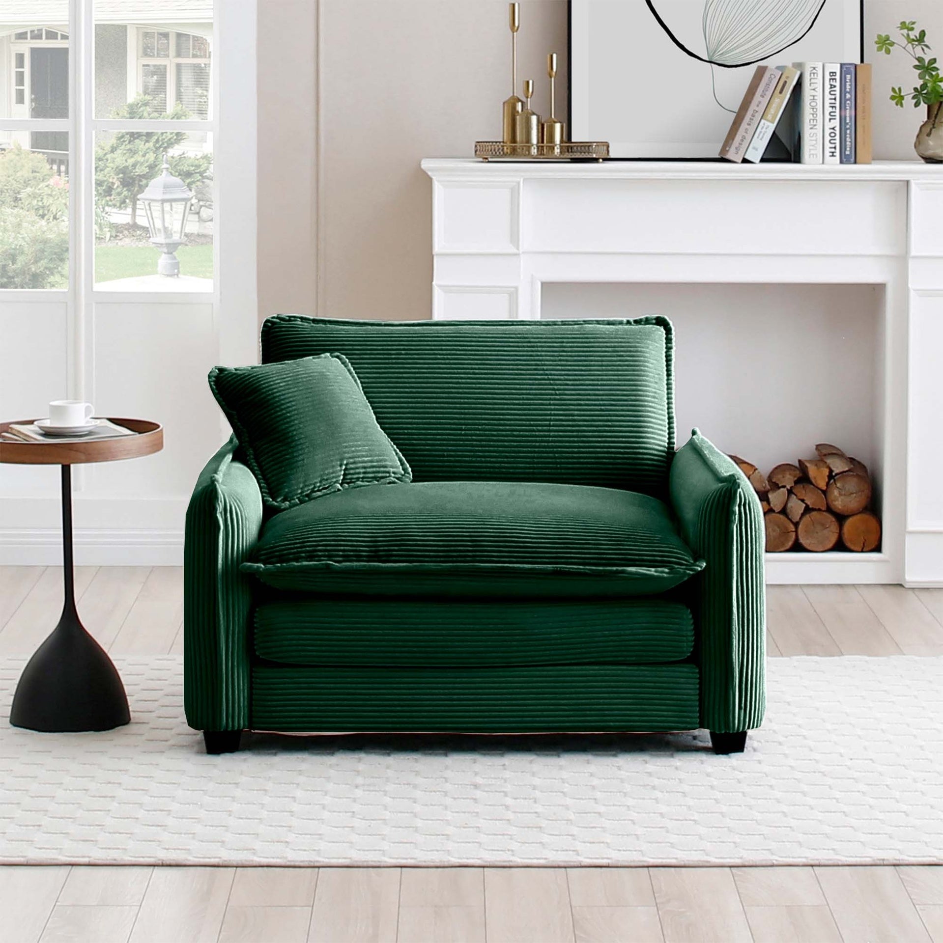 Comfortable Single Deep Seat Sofa With One Pillow, Suitable for Living Room and Bedroom, Club Multiple Occasions,Green Corduroy