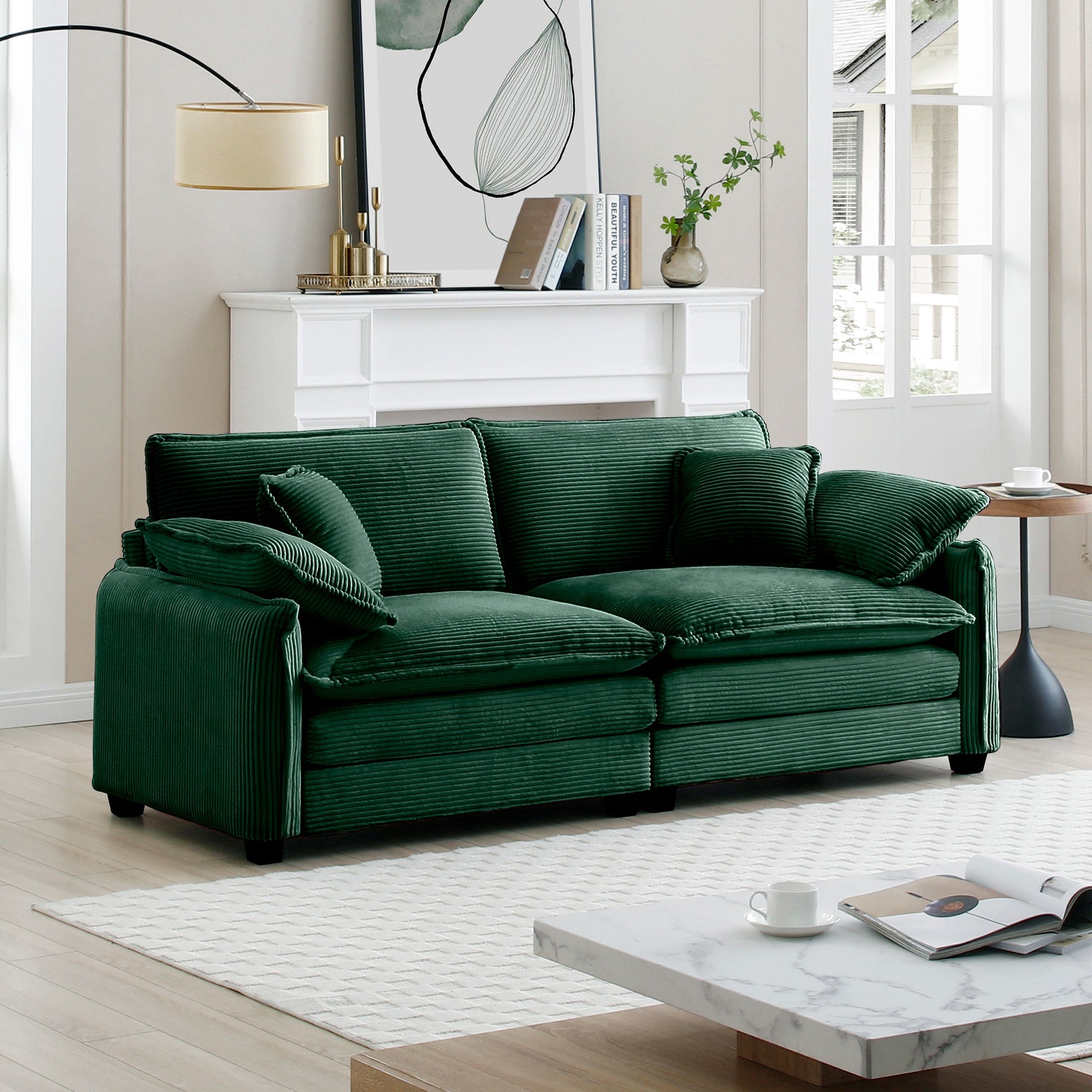 Warm and Cozy Living Room Sofa with 4 Pillows Upholstered Large Deep Seat 2 Seater Sofa for Living Room,Green Corduroy