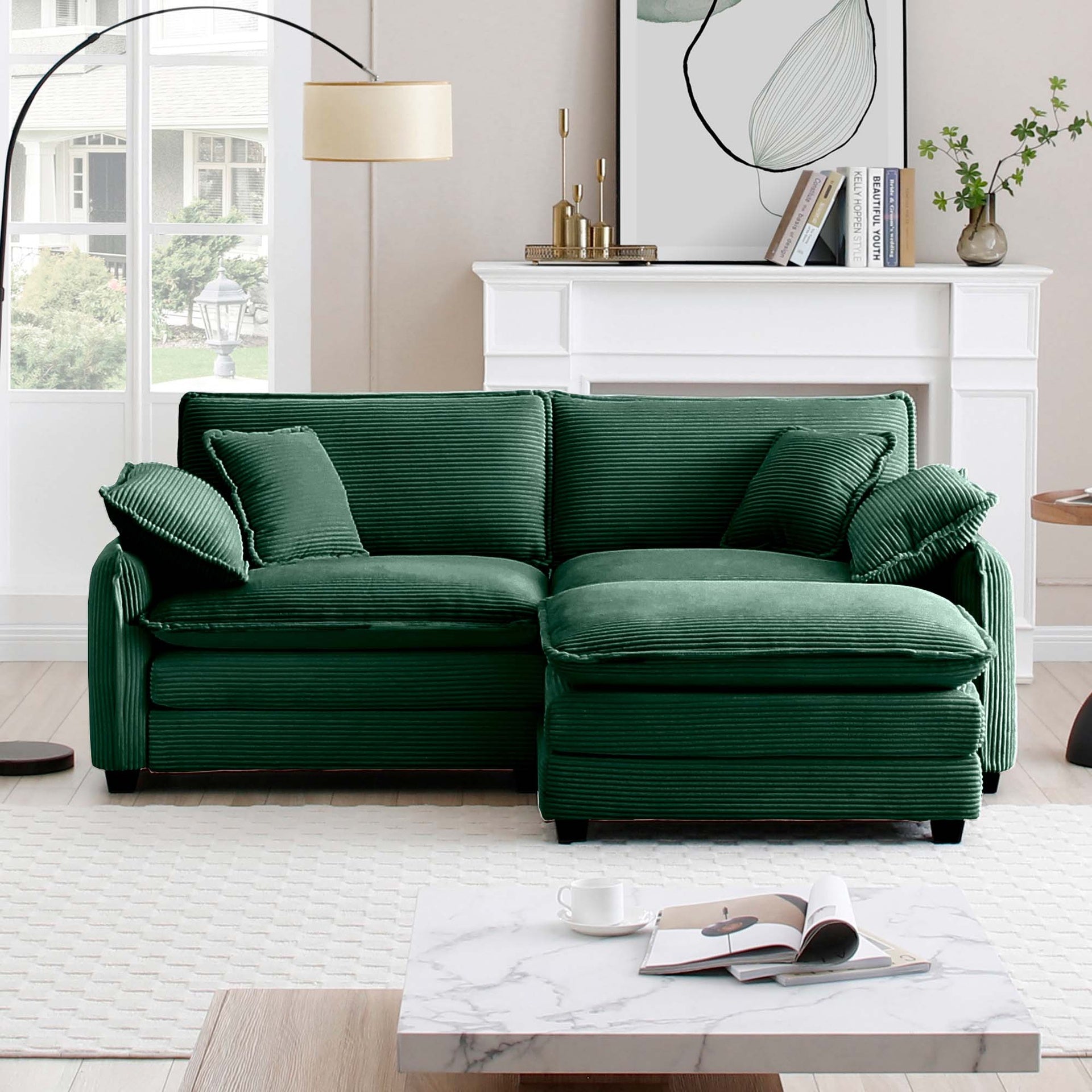 Two-Seater Sofa  with One Footrest, L-Shaped 2-Seater Sofa with Ottoman for Small Living Spaces,Green Corduroy