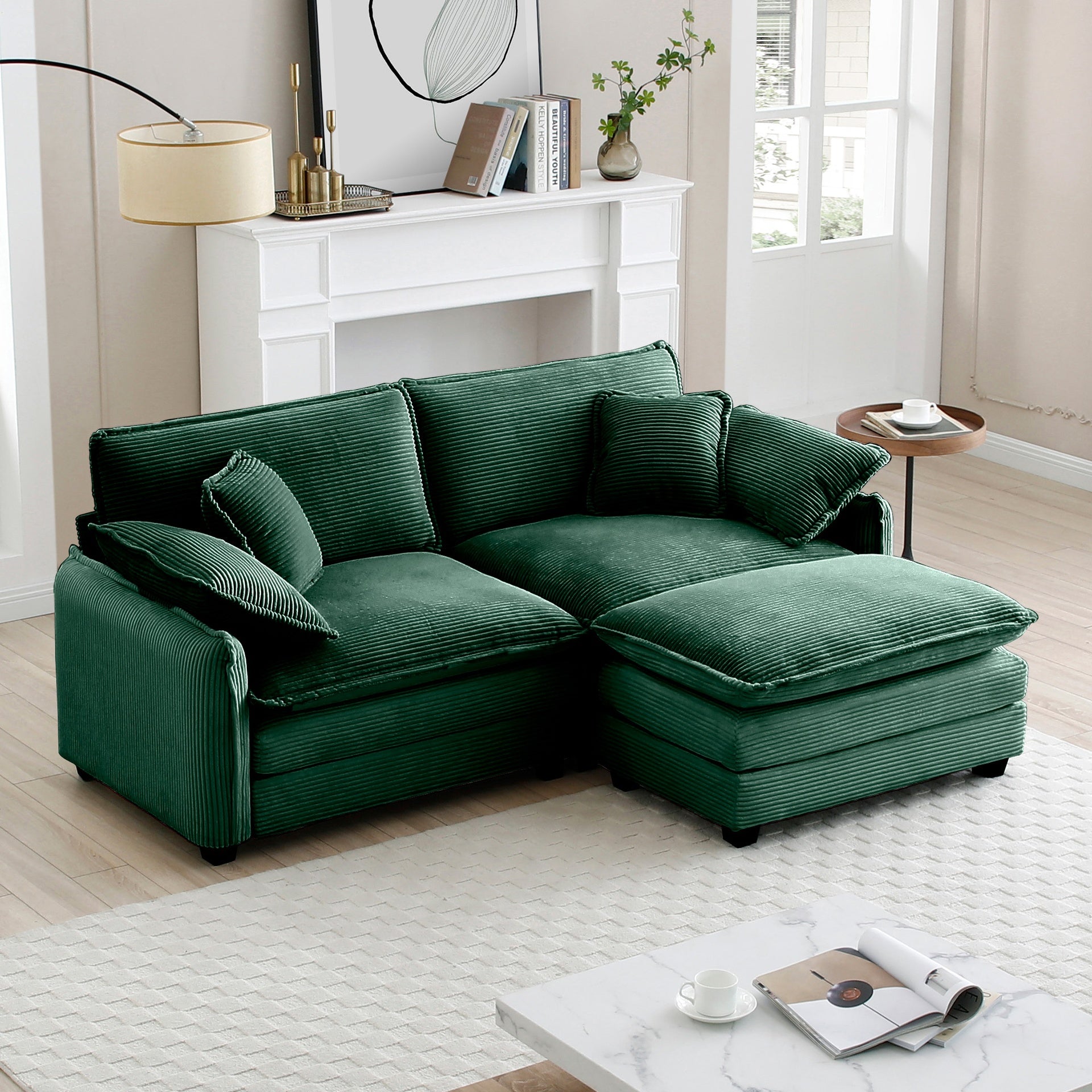 Two-Seater Sofa  with One Footrest, L-Shaped 2-Seater Sofa with Ottoman for Small Living Spaces,Green Corduroy