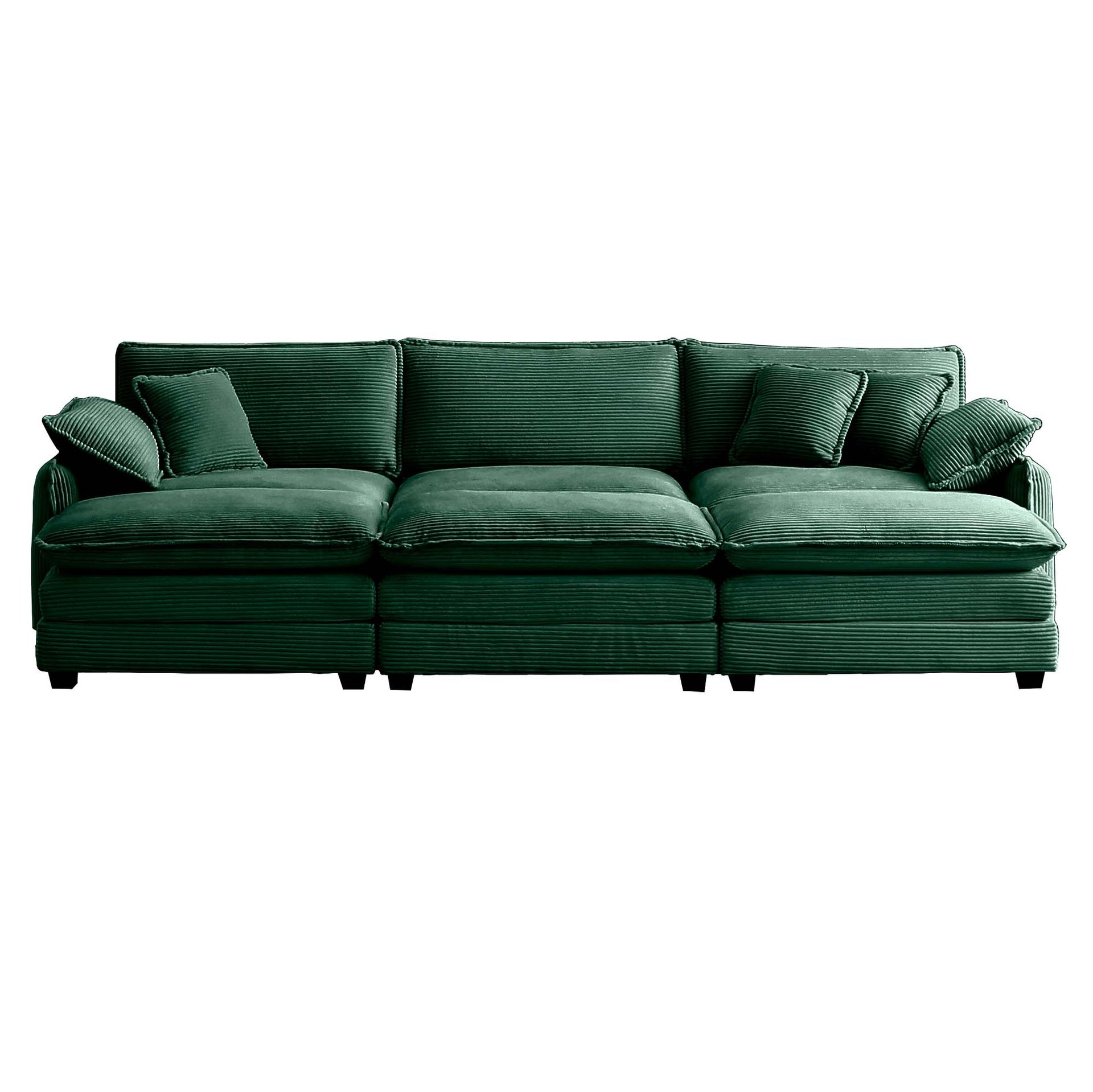 Mid-Century Modern 3-Seater Sectional Sofa with 2 Arm Pillows and 3 Throw Pillows,Green Corduroy Fabric