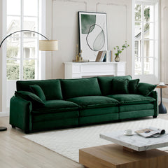 Mid-Century Modern 3-Seater Sectional Sofa with 2 Arm Pillows and 3 Throw Pillows,Green Corduroy Fabric