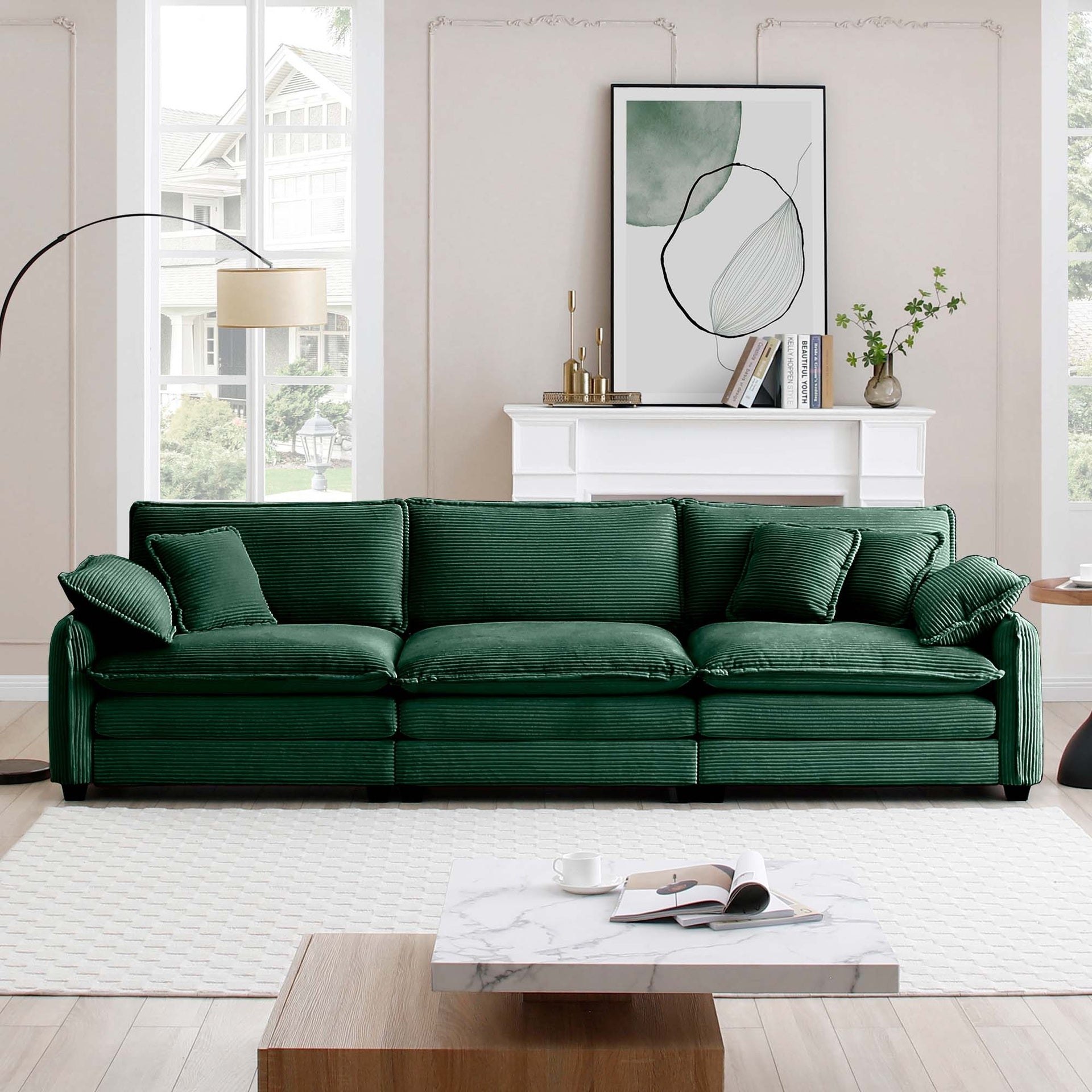 Mid-Century Modern 3-Seater Sectional Sofa with 2 Arm Pillows and 3 Throw Pillows,Green Corduroy Fabric