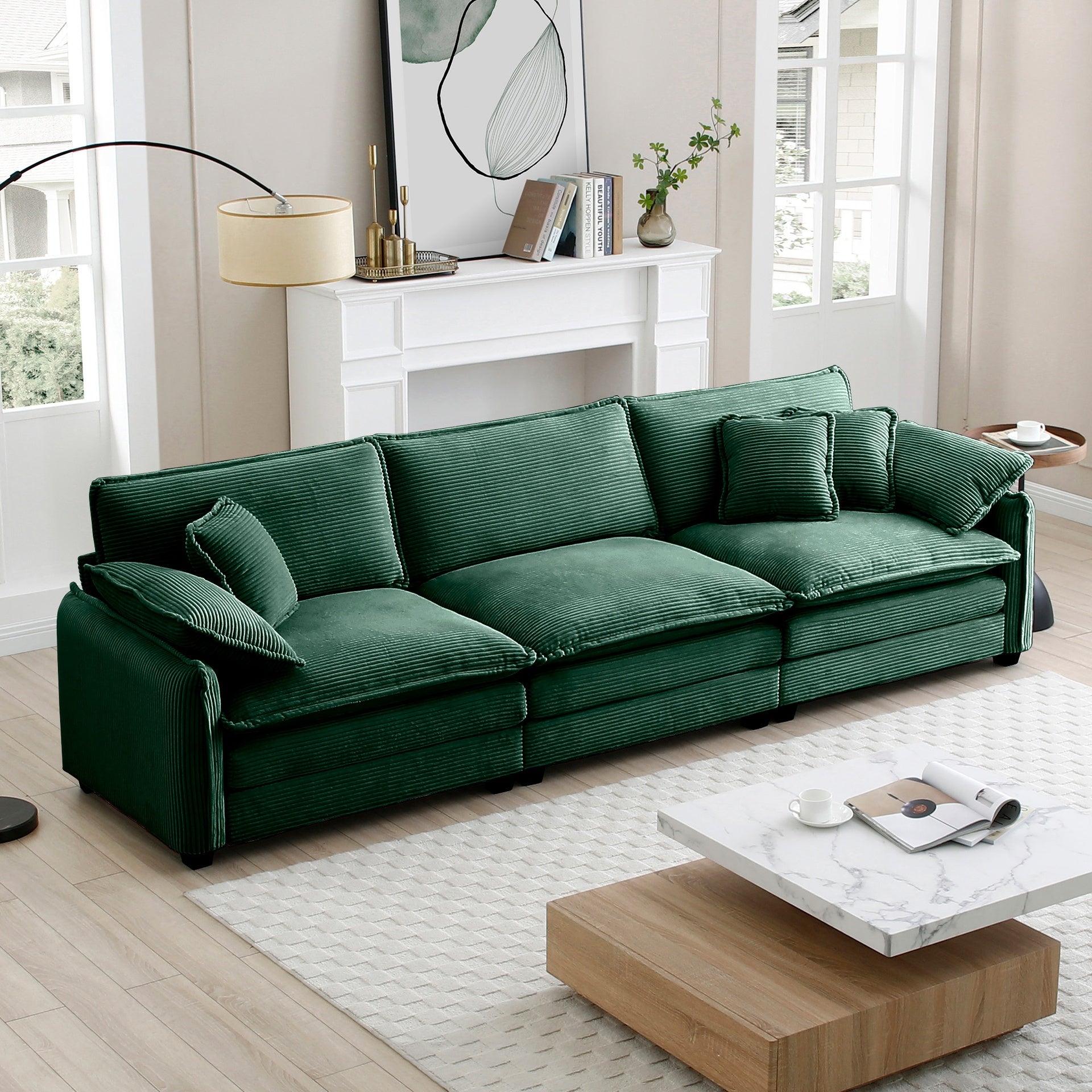 Mid-Century Modern 3-Seater Sectional Sofa with 2 Arm Pillows and 3 Throw Pillows,Green Corduroy Fabric