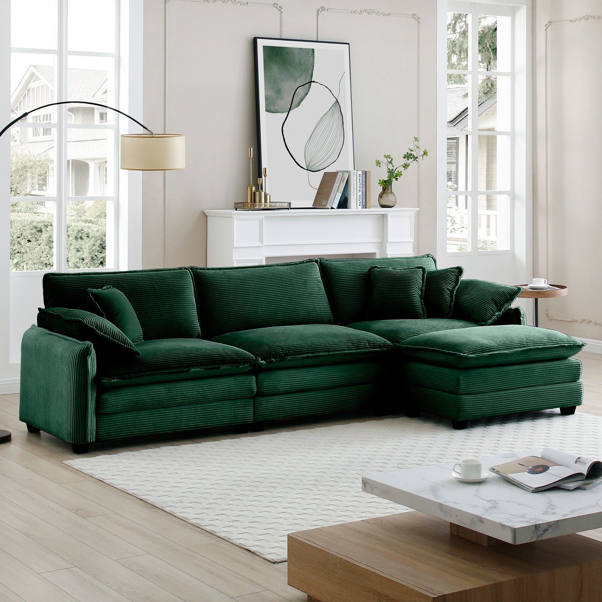 Oversize 3-seater sofa with One footrest, L-shaped Sectional sofa with ottoman for living rooms,Green corduroy sofa
