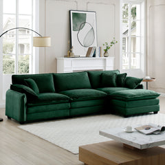 Oversize 3-seater sofa with One footrest, L-shaped Sectional sofa with ottoman for living rooms,Green corduroy sofa