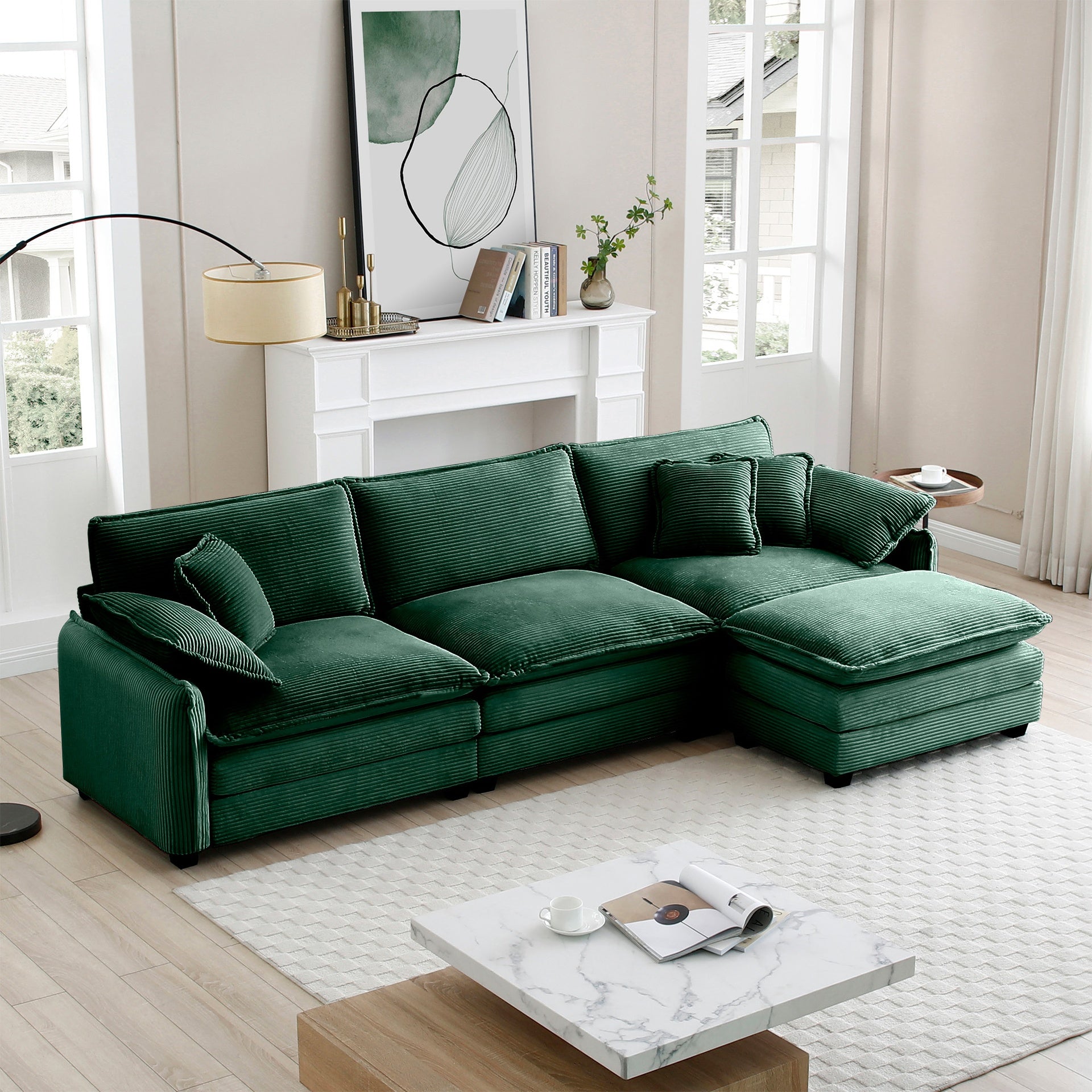 Oversize 3-seater sofa with One footrest, L-shaped Sectional sofa with ottoman for living rooms,Green corduroy sofa