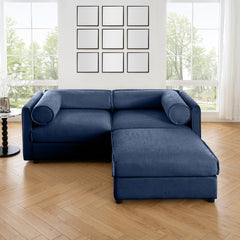 Stylish Blue Chenille 2-Seater Sofa with Ottoman Storage Seat, Cylindrical Backrest and Armrests, Modern Fabric Loveseat Featuring Hidden Storage Space