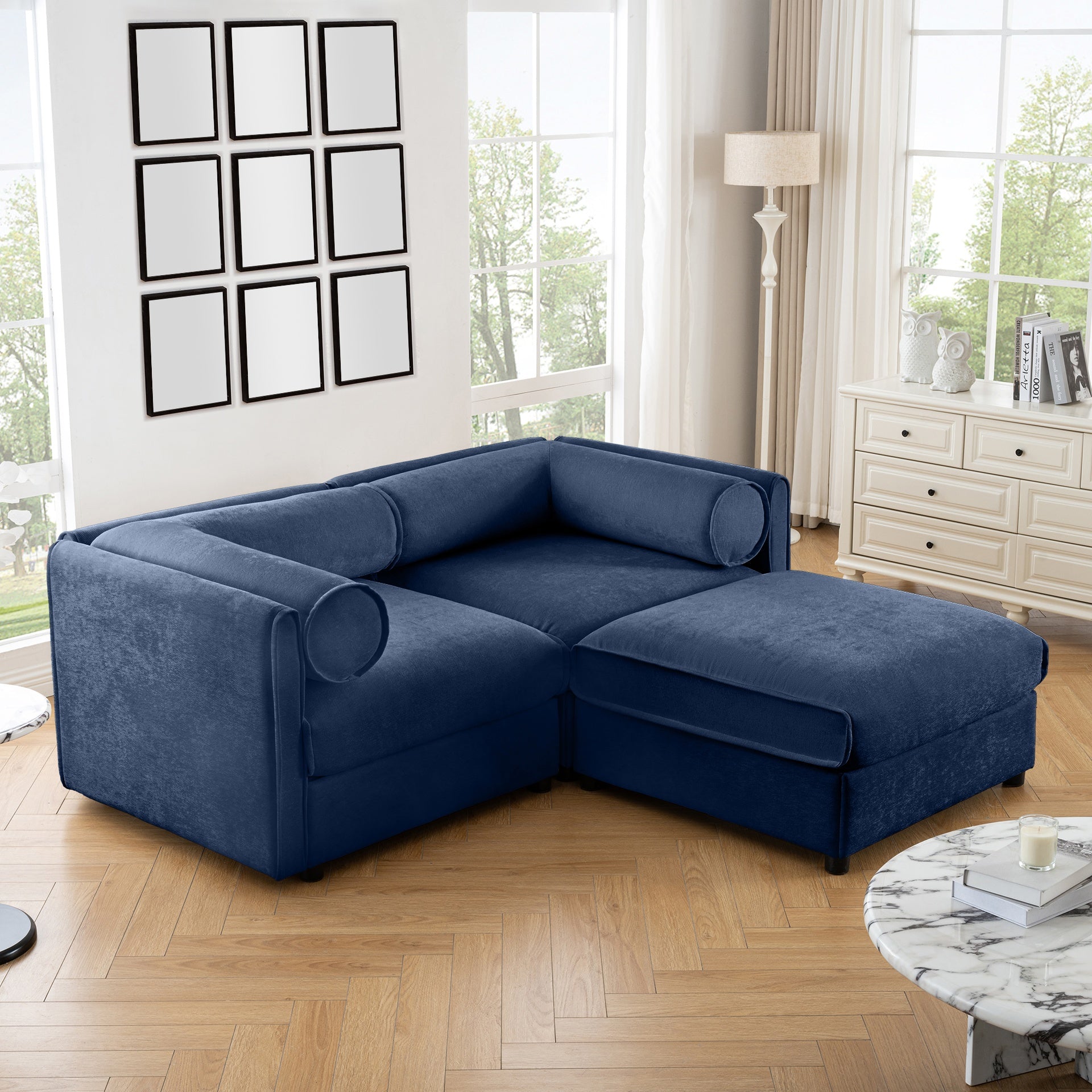 Stylish Blue Chenille 2-Seater Sofa with Ottoman Storage Seat, Cylindrical Backrest and Armrests, Modern Fabric Loveseat Featuring Hidden Storage Space