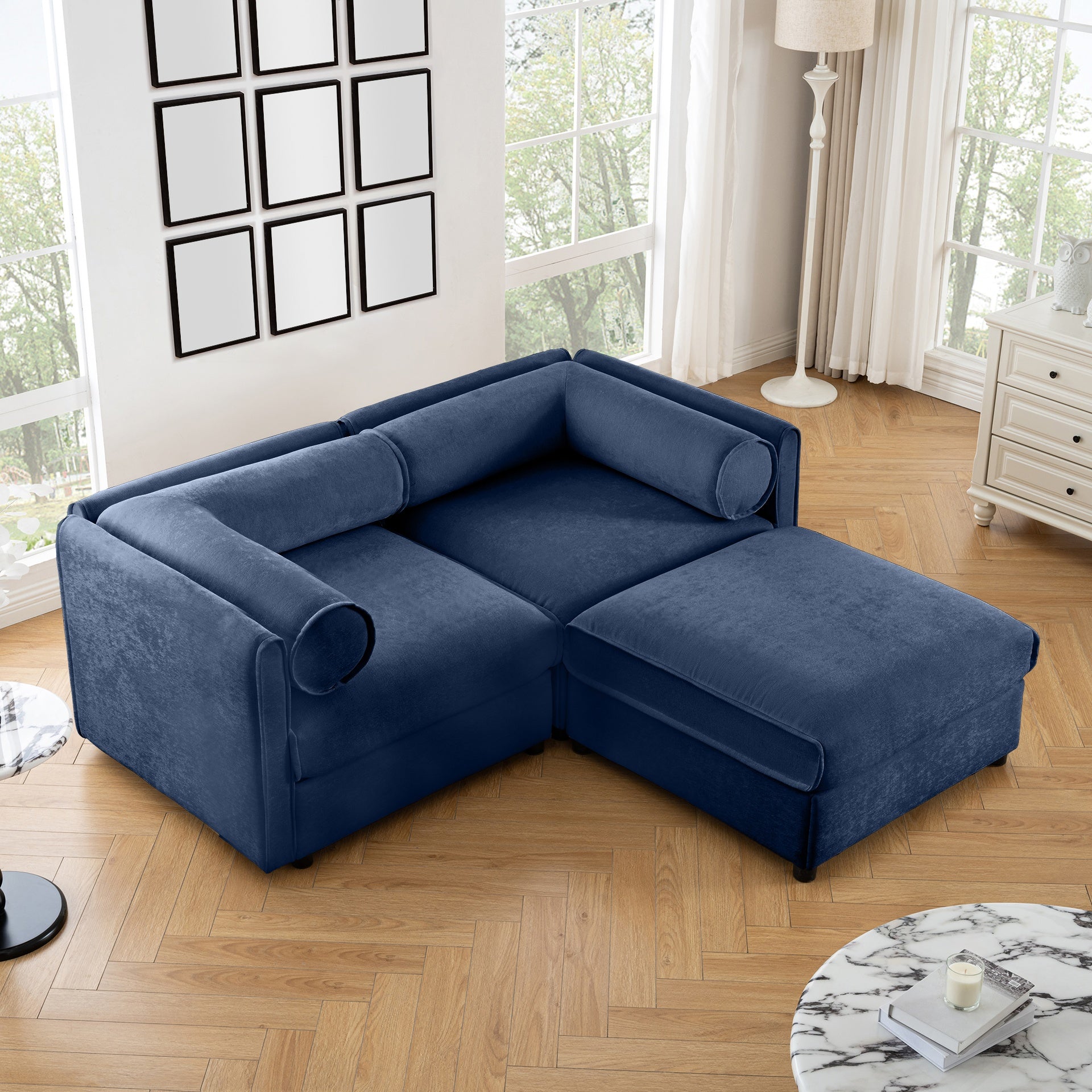 Stylish Blue Chenille 2-Seater Sofa with Ottoman Storage Seat, Cylindrical Backrest and Armrests, Modern Fabric Loveseat Featuring Hidden Storage Space
