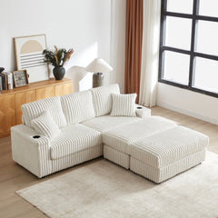 84Inch Corduroy 3-seater sofa With 3 back pillows ,2 toss pillows , 2 ottoman ,2 Footstool Storage and cup-holding grooves Comfy Sofa- Deep Seat Couch for Living Room