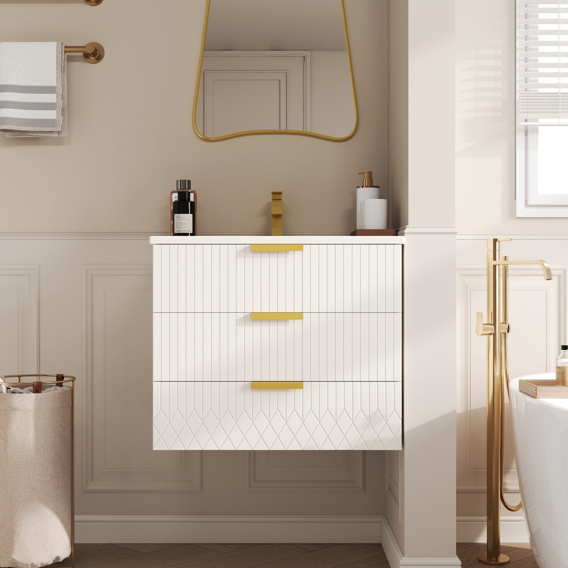 24inch Wall Mounted Floating Cabinet w/Double Drawer, Floating Rectangular Vanity Small Bathroom Sink With Single Faucet Hole and Overflow, Modern Bathroom Cabinet with Ceramic Basin Sink