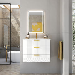 24inch Wall Mounted Floating Cabinet w/Double Drawer, Floating Rectangular Vanity Small Bathroom Sink With Single Faucet Hole and Overflow, Modern Bathroom Cabinet with Ceramic Basin Sink