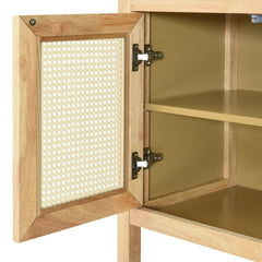 TREXM Bohemian Style Rattan Buffet Storage Cabinet with Solid Wood Frame, Sideboard with 3-position Adjustable Shelves for Living & Dining Rooms, No-Handle Push-to-Open Design (Natural)