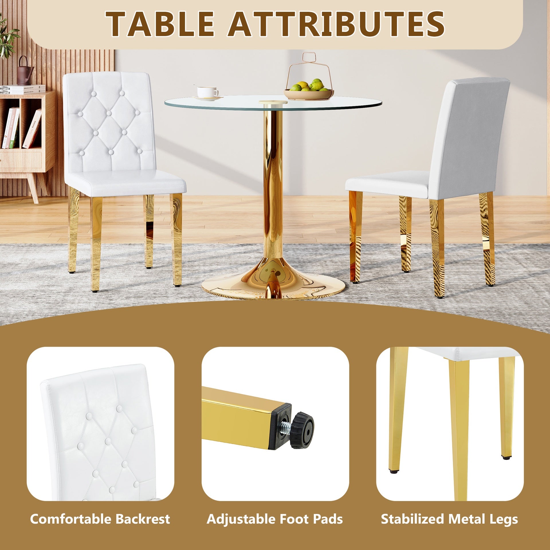 4-pack white PU dining chairs: ergonomic buckle backrest, 35 inches high, golden metal legs,Combines Comfort and Texture.Perfectly suitable for family dining rooms, hotel banquet halls,etcW1151P295709