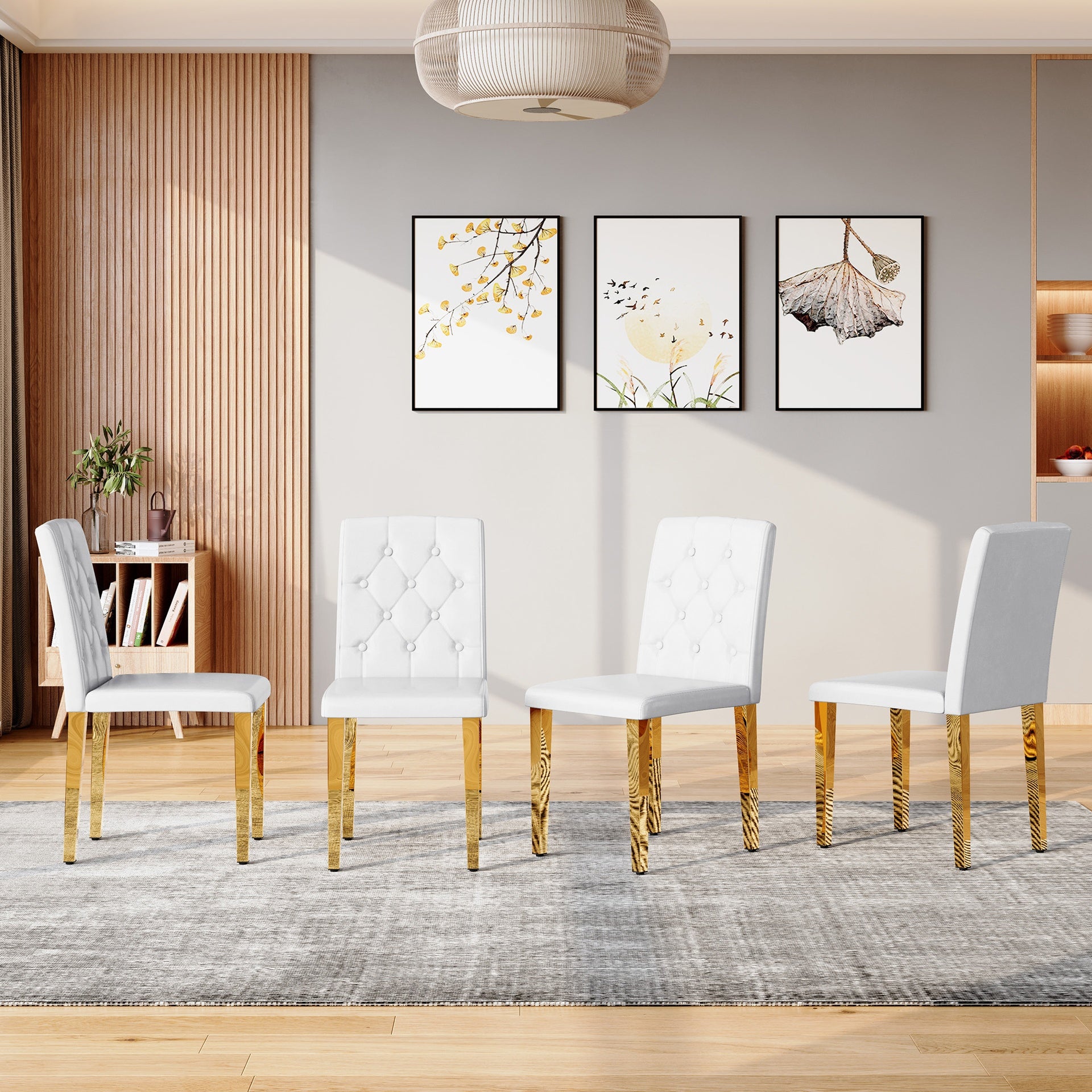 4-pack white PU dining chairs: ergonomic buckle backrest, 35 inches high, golden metal legs,Combines Comfort and Texture.Perfectly suitable for family dining rooms, hotel banquet halls,etcW1151P295709