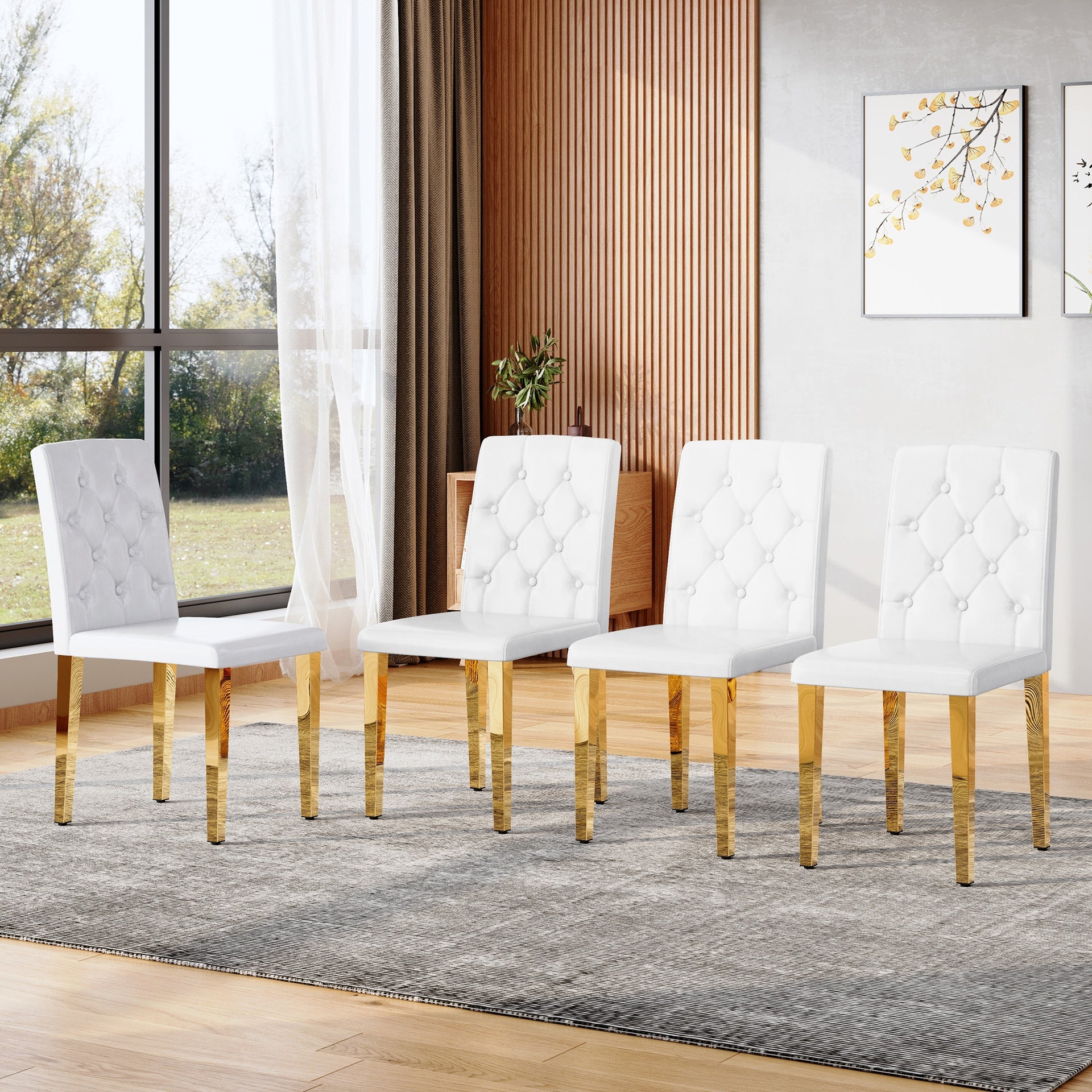 4-pack white PU dining chairs: ergonomic buckle backrest, 35 inches high, golden metal legs,Combines Comfort and Texture.Perfectly suitable for family dining rooms, hotel banquet halls,etcW1151P295709