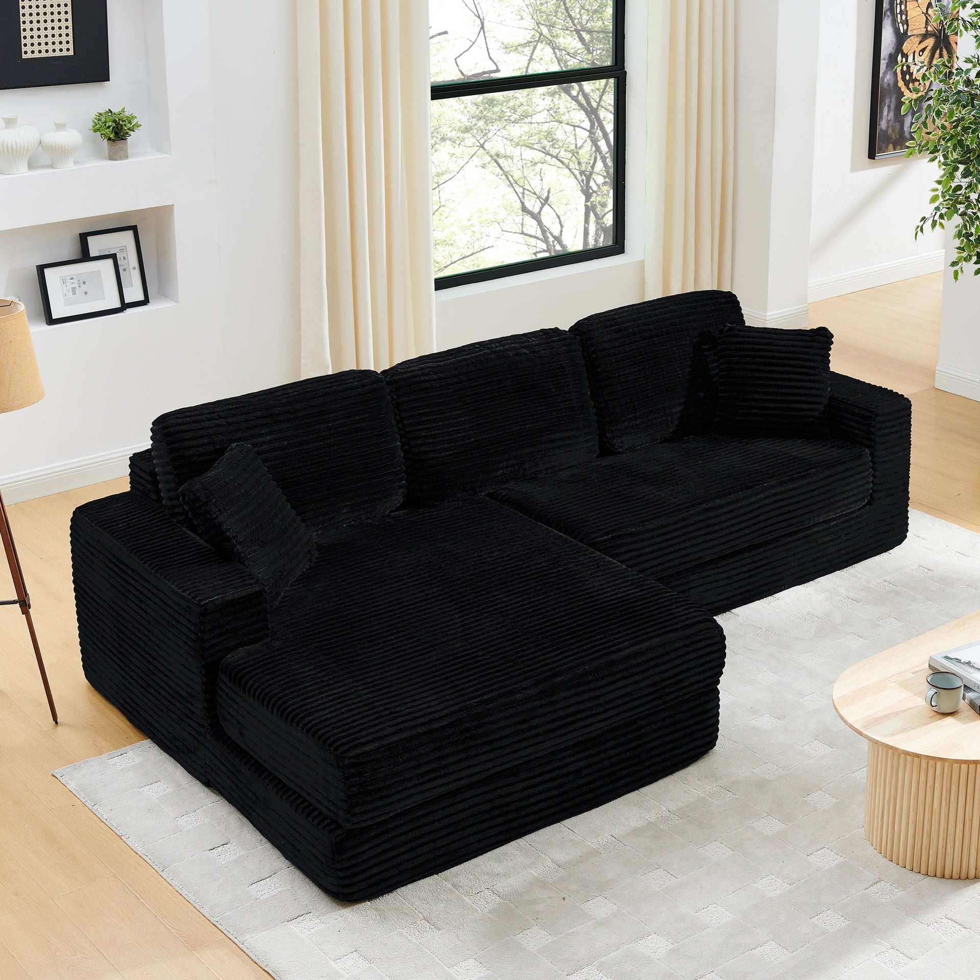 Left sofa seat,L shape Modular Sectional Sofa, Compressed Sectional Sofa Modern Minimalist Style Corduroy Couch,Unfold into a bed, Bedroom, Comfy Compressed Sofa Couch Space-Efficient Design-black