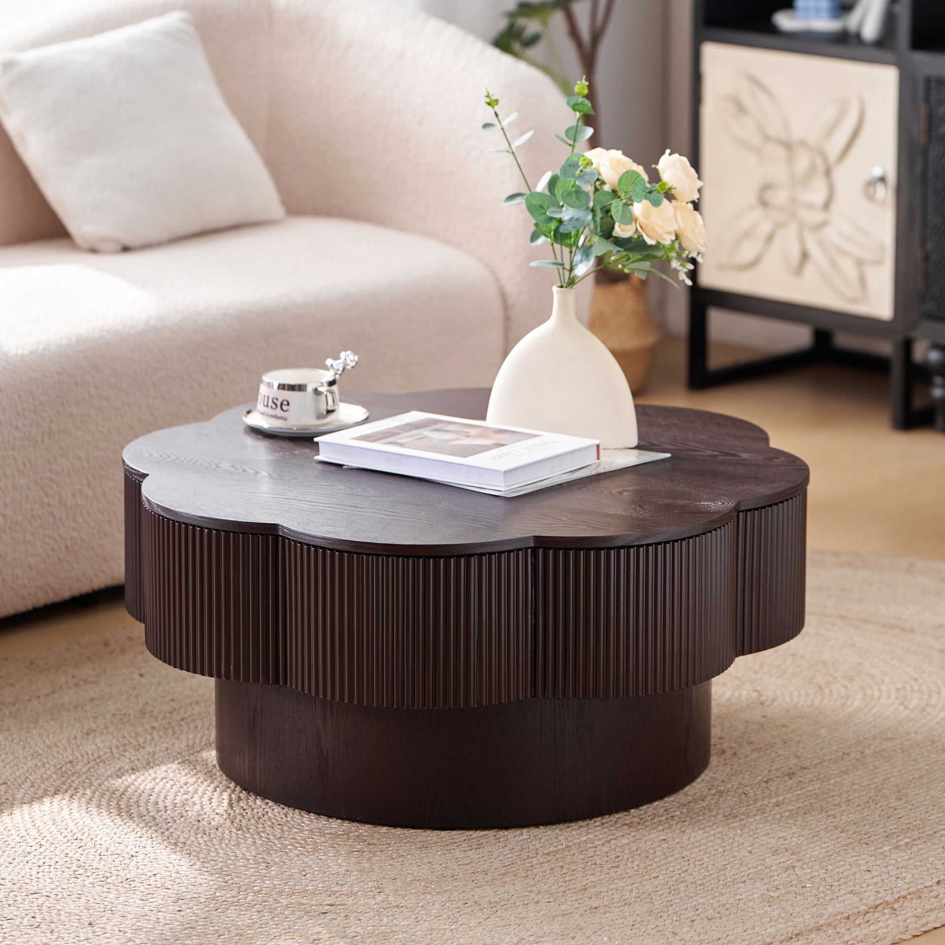 31.50"Modern Flower Shaped Coffee Table, Plum Blossom Shaped Coffee Table with Storage – Natural Wood Veneer, for LivingRoom, Apartment, Office, Easy Assembly, Dark Brown