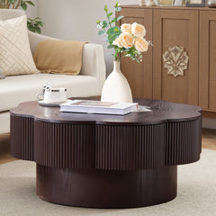31.50"Modern Flower Shaped Coffee Table, Plum Blossom Shaped Coffee Table with Storage – Natural Wood Veneer, for LivingRoom, Apartment, Office, Easy Assembly, Dark Brown