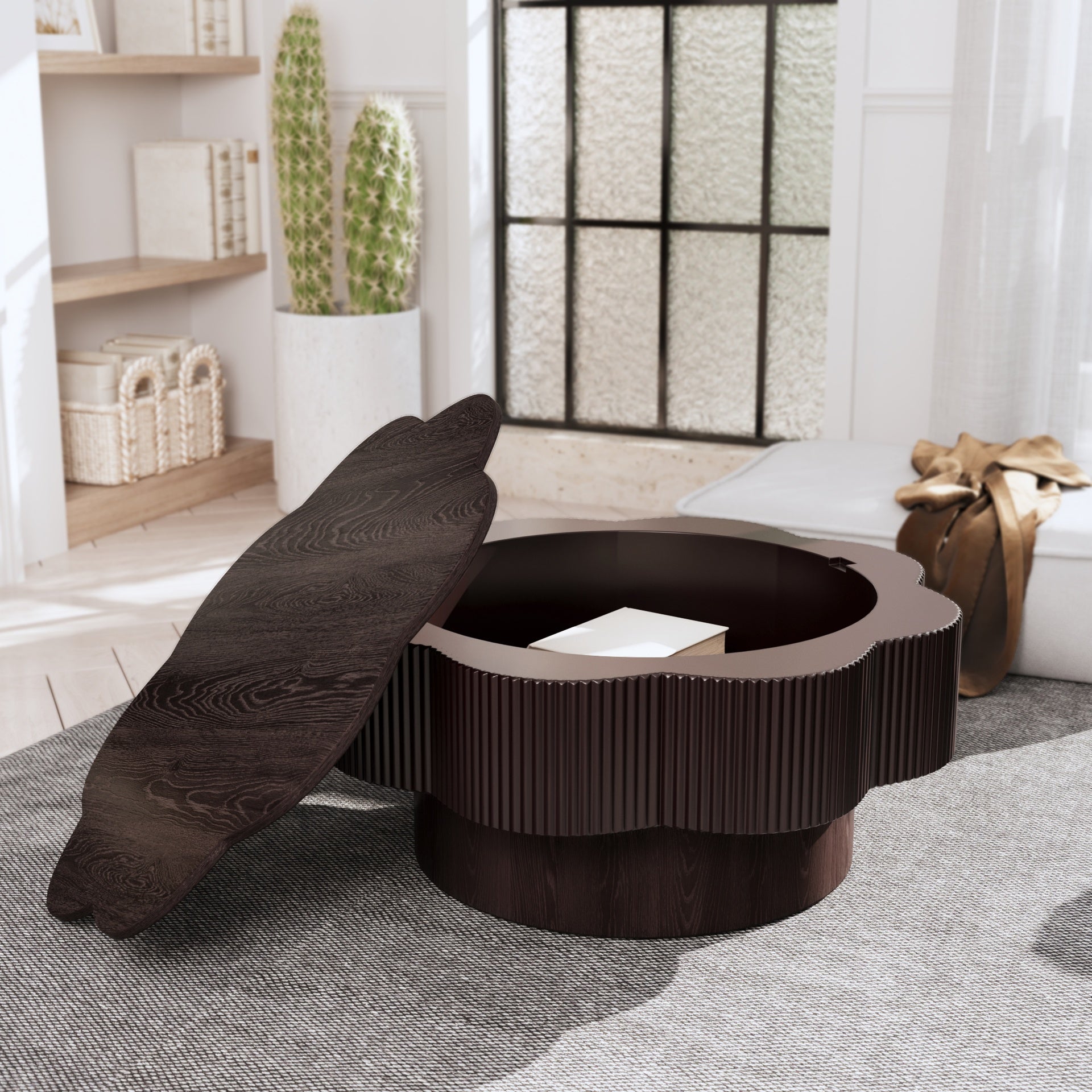 31.50"Modern Flower Shaped Coffee Table, Plum Blossom Shaped Coffee Table with Storage – Natural Wood Veneer, for LivingRoom, Apartment, Office, Easy Assembly, Dark Brown