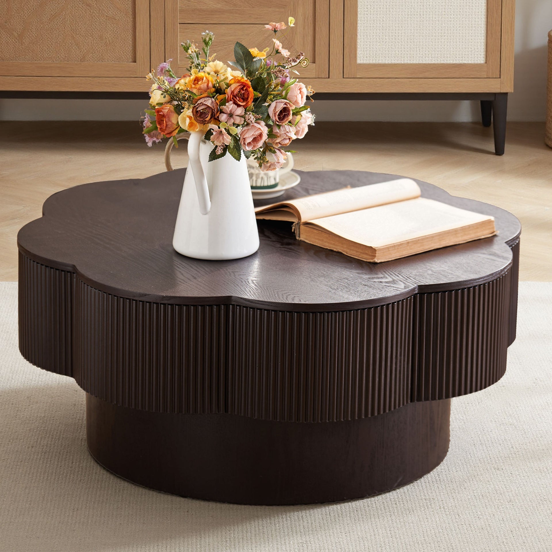 31.50"Modern Flower Shaped Coffee Table, Plum Blossom Shaped Coffee Table with Storage – Natural Wood Veneer, for LivingRoom, Apartment, Office, Easy Assembly, Dark Brown
