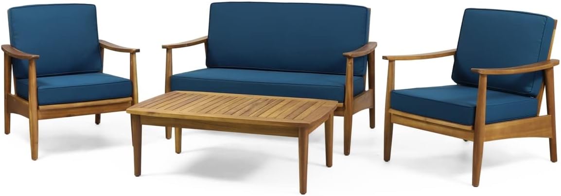 Willowbrook Teak Brown 4-Piece Wood Outdoor Patio Conversation Seating Set with Dark Teal Cushions