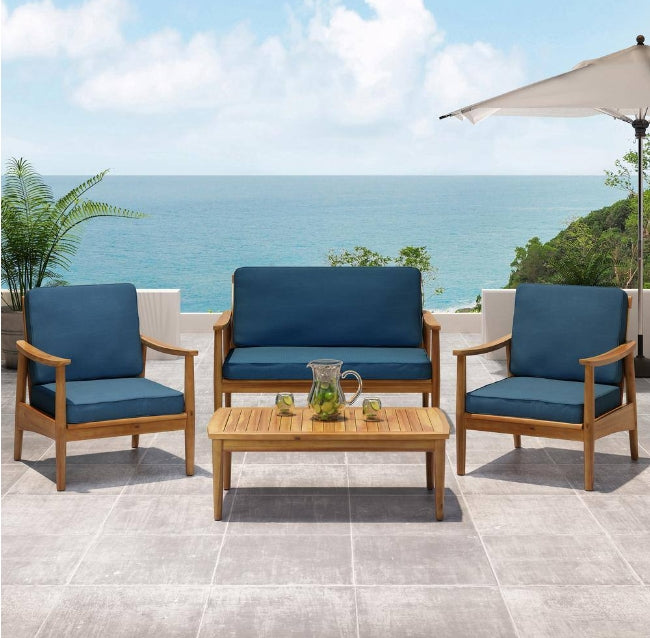 Willowbrook Teak Brown 4-Piece Wood Outdoor Patio Conversation Seating Set with Dark Teal Cushions