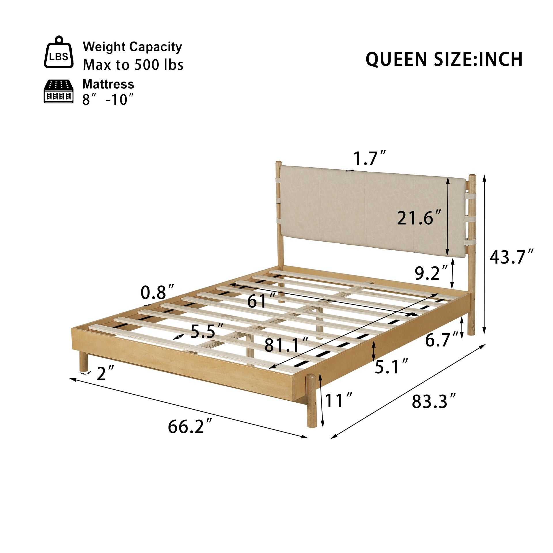 Premium Rubber Wood Platform Bed Frame, Queen Bed Frame with Headboard Included, Mid Century Modern Bed With Beige Color