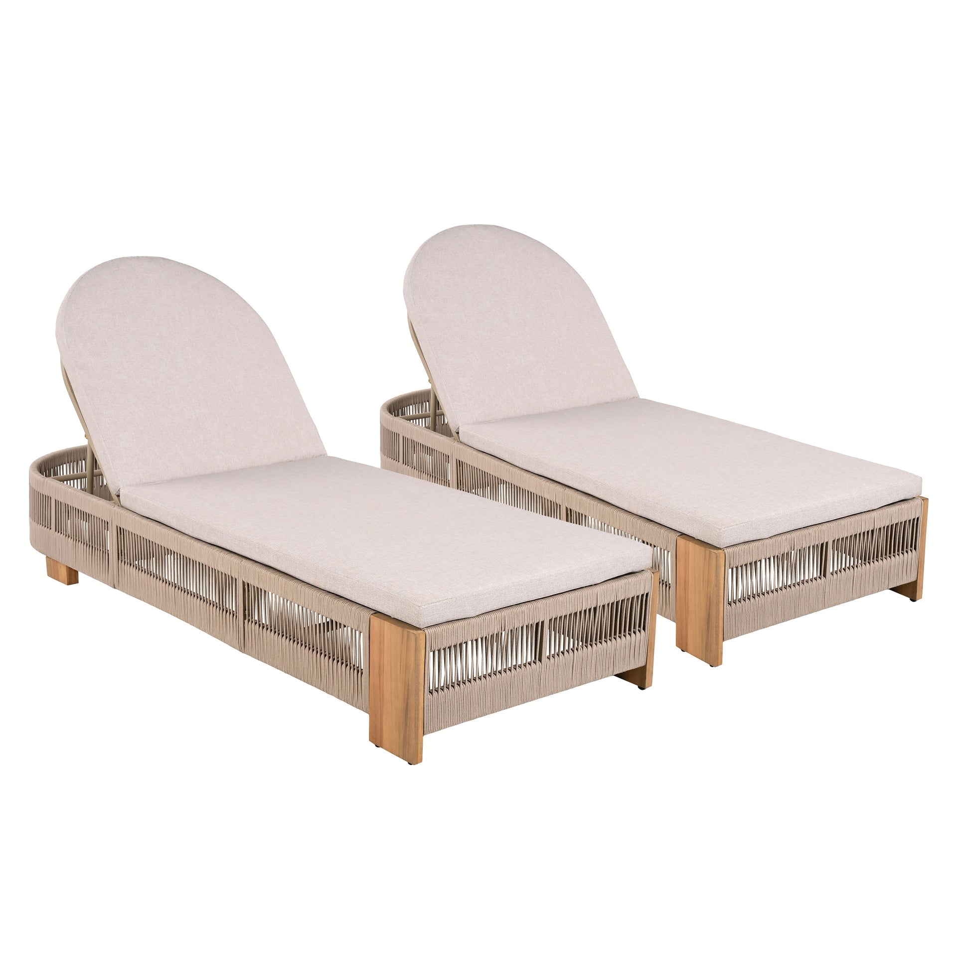 Outdoor Acacia Wood Patio Adjustable Lounge Chair Set of 2 - Uncushioned for Backyard Pool Garden - Beige rope & Natural iron