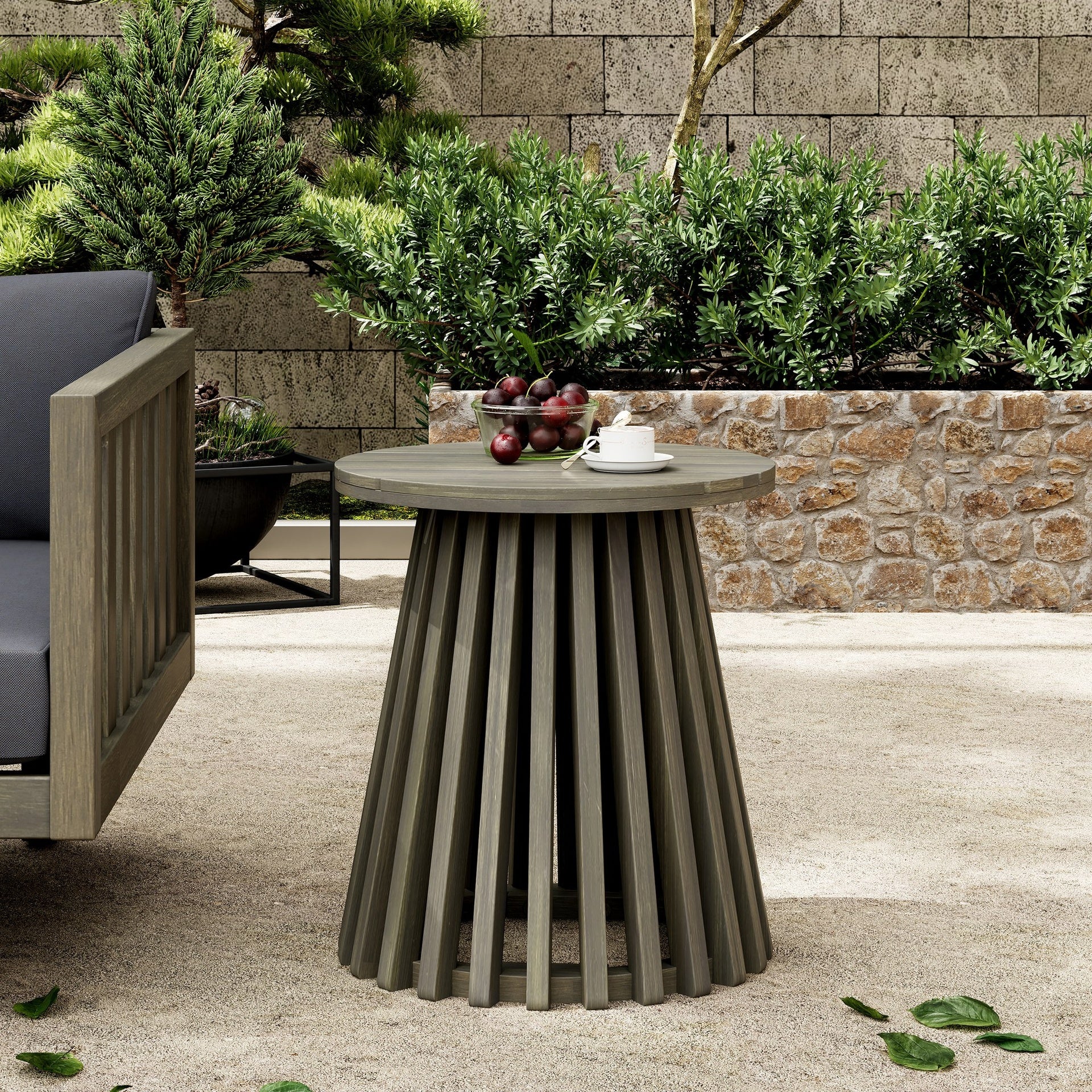 Outdoor Acacia Wood Patio Side Table, Round Coffee Table for Backyard, Lawn, Balcony,Grey Finish