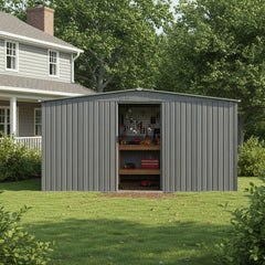 New Outdoor Storage Shed Has Two Functions:Metal Shed And Firewood Shed 14 ft x 12 ft, More Suitable For Winter , Grey