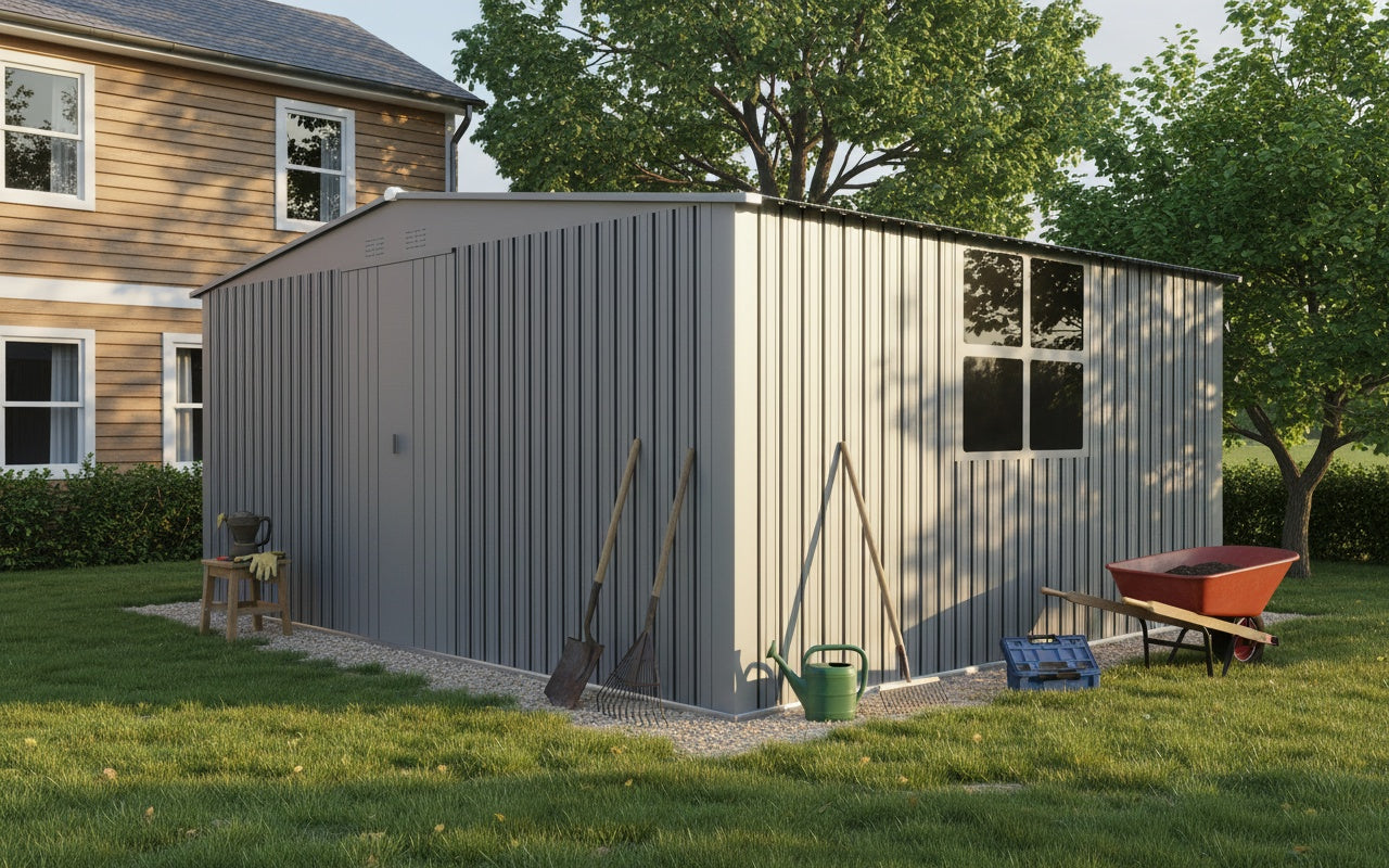 New Outdoor Storage Shed Has Two Functions:Metal Shed And Firewood Shed 14 ft x 12 ft, More Suitable For Winter , Grey