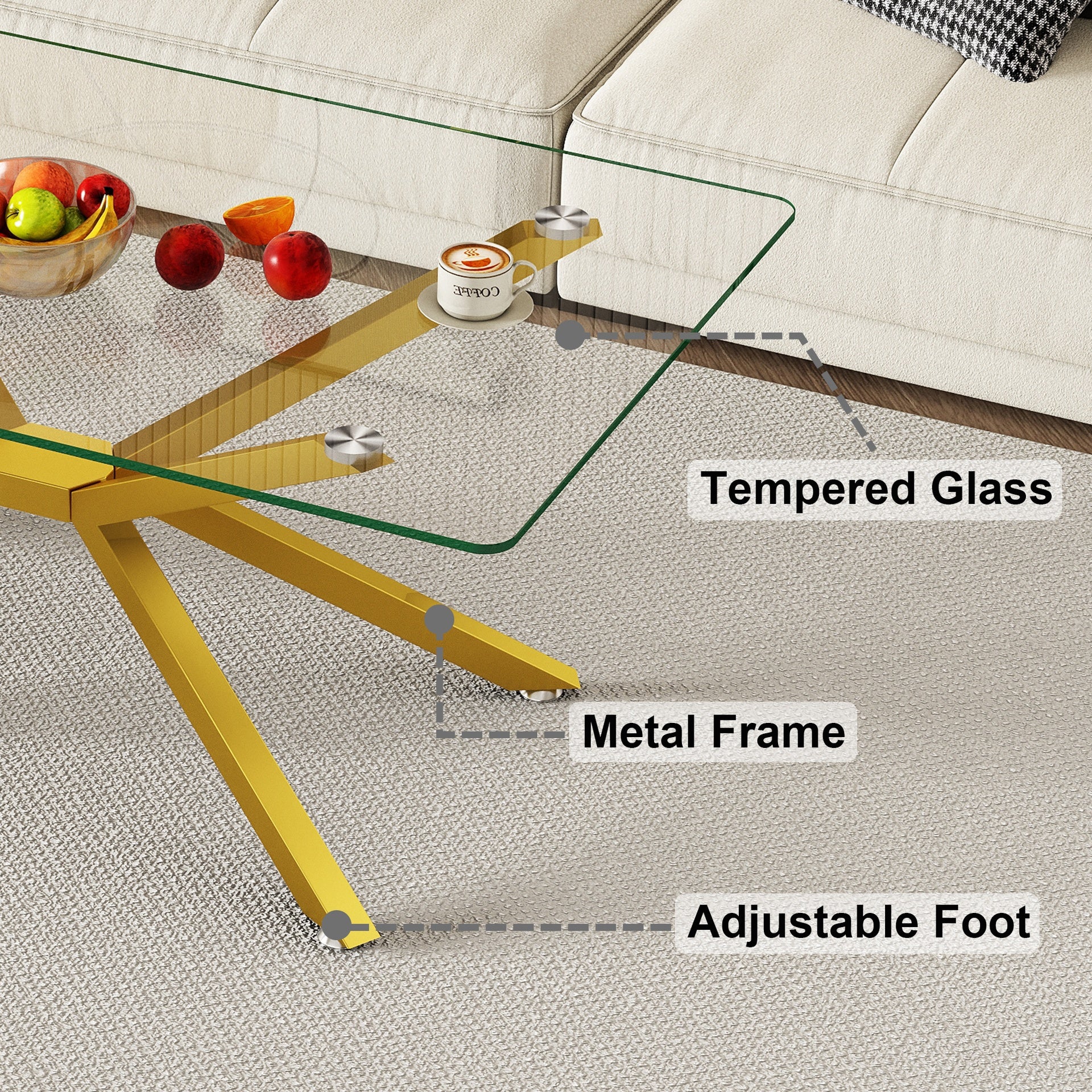39.37" Rectangular Clear Tempered Glass Coffee Table,Stylish Design with Gold Metal Legs, Coffee Table for Living Room