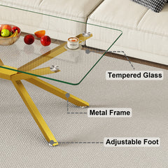 39.37" Rectangular Clear Tempered Glass Coffee Table,Stylish Design with Gold Metal Legs, Coffee Table for Living Room