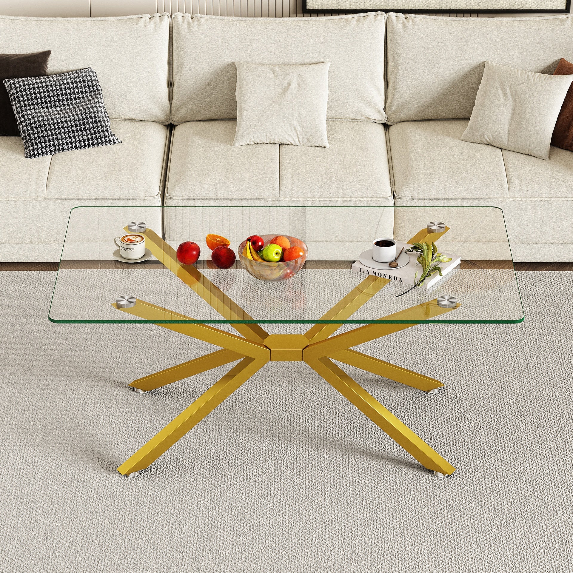 39.37" Rectangular Clear Tempered Glass Coffee Table,Stylish Design with Gold Metal Legs, Coffee Table for Living Room